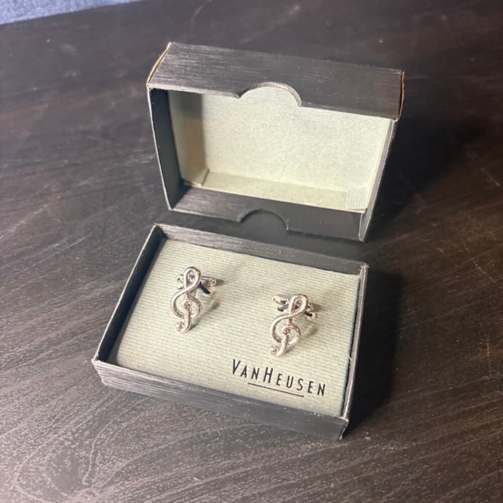 Van Heusen 1" Silver-Tone Treble Clef Cufflinks Music